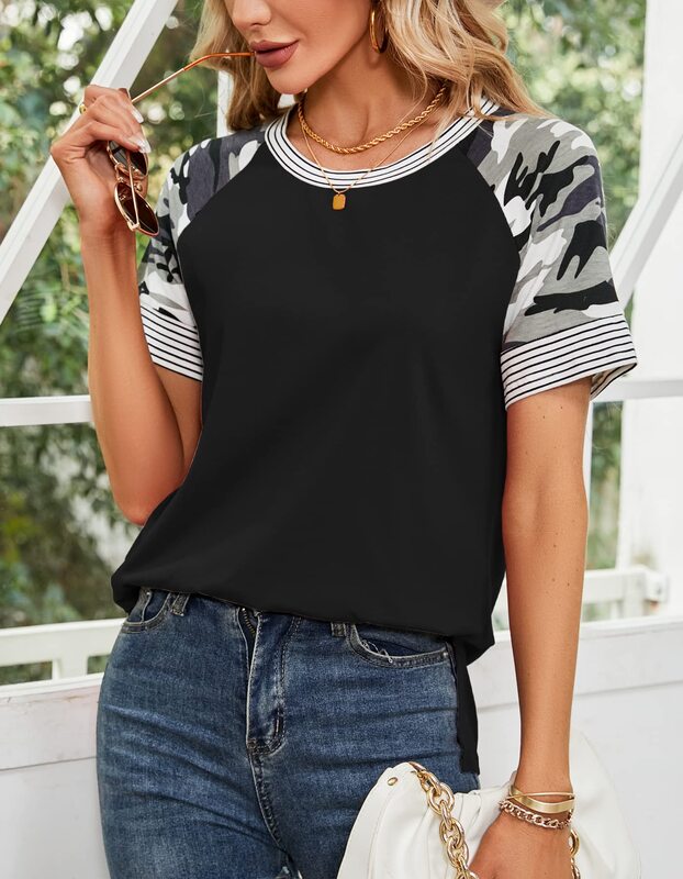 Aifer Women's Leopard Print Color Block Tunics Casual Long Sleeve Shirts Striped Blouse Tops (2-Black-Short sleeve, XX-Large)